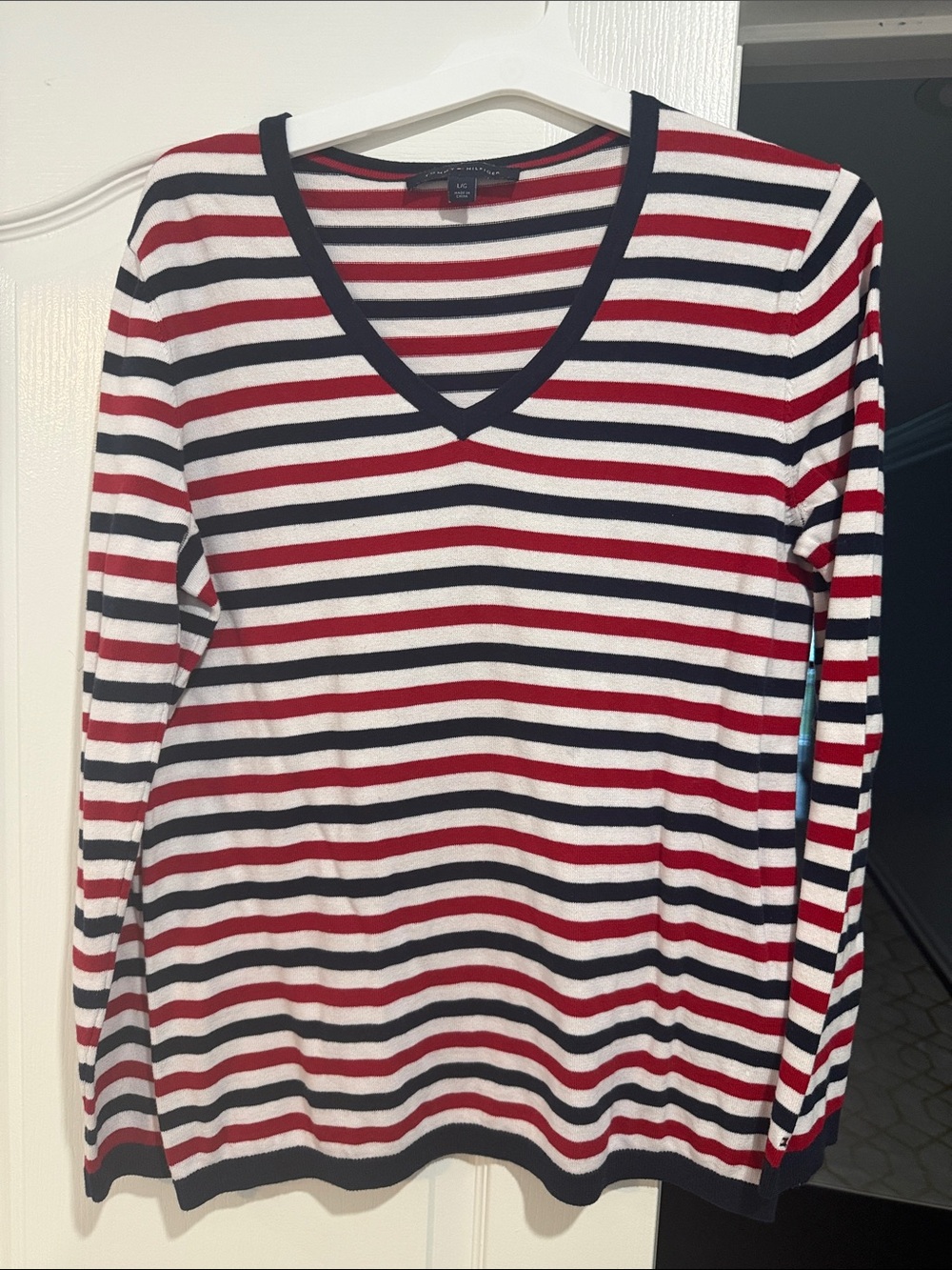 Tommy Hilfiger Red, Navy & White Striped V-Neck Sweater